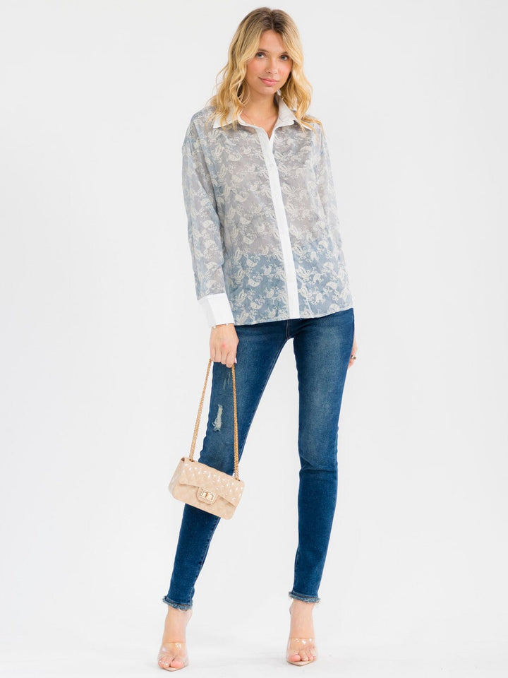 WOMEN'S LONG SLEEVE BUTTON UP EMBROIDERY BLOUSE