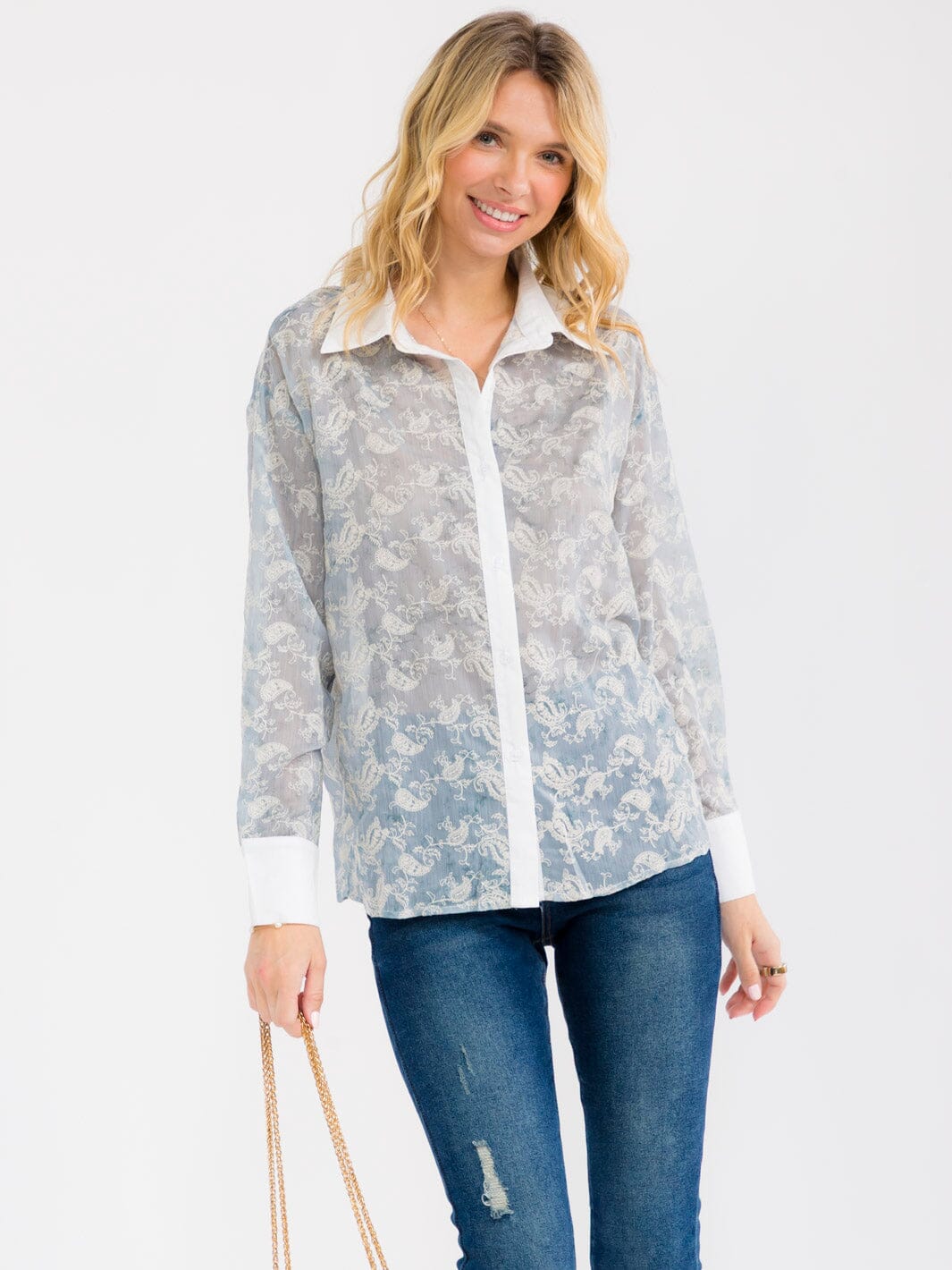 WOMEN'S LONG SLEEVE BUTTON UP EMBROIDERY BLOUSE