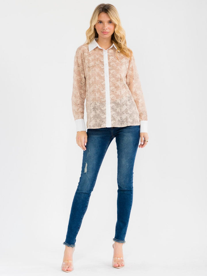 WOMEN'S LONG SLEEVE BUTTON UP EMBROIDERY BLOUSE