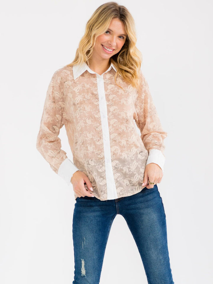 WOMEN'S LONG SLEEVE BUTTON UP EMBROIDERY BLOUSE