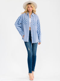 WOMEN'S LONG SLEEVE BUTTON CLOSURE FRONT POCKETS CHEKERS DENIM JACKET