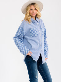 WOMEN'S LONG SLEEVE BUTTON CLOSURE FRONT POCKETS CHEKERS DENIM JACKET
