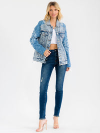 WOMEN'S LONG SLEEVE BUTTON UP FRONT POCKETS WASHED DENIM FLORAL JACKET
