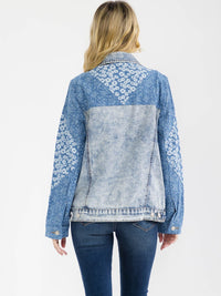 WOMEN'S LONG SLEEVE BUTTON UP FRONT POCKETS WASHED DENIM FLORAL JACKET