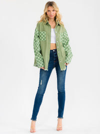 WOMEN'S LONG SLEEVE BUTTON CLOSURE FRONT POCKETS CHEKERS DENIM JACKET