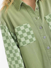WOMEN'S LONG SLEEVE BUTTON CLOSURE FRONT POCKETS CHEKERS DENIM JACKET