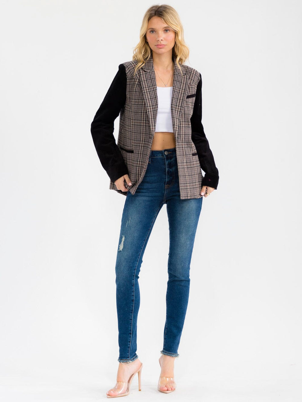 WOMEN'S LONG SLEEVE BUTTON CLOSURE FRONT POCKETS PLAID CONTRAST BLAZER