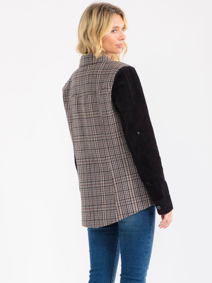 WOMEN'S LONG SLEEVE BUTTON CLOSURE FRONT POCKETS PLAID CONTRAST BLAZER