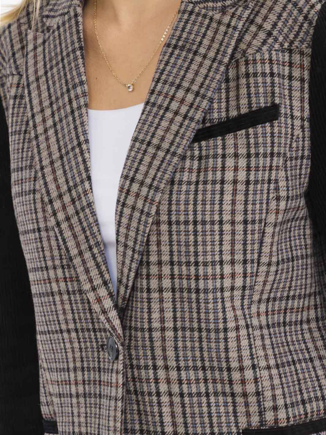 WOMEN'S LONG SLEEVE BUTTON CLOSURE FRONT POCKETS PLAID CONTRAST BLAZER