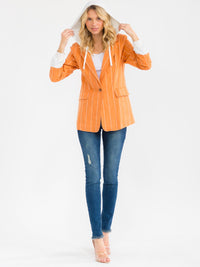WOMEN'S LONG SLEEVE BUTTON CLOSURE FRONT POCKETS HOODED STRIPES BLAZER