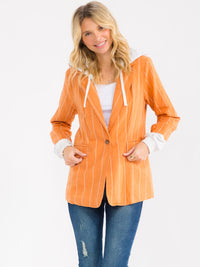 WOMEN'S LONG SLEEVE BUTTON CLOSURE FRONT POCKETS HOODED STRIPES BLAZER