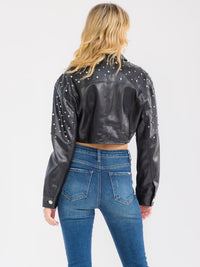 WOMEN'S LONG SLEEVE BUTTON CLOSURE STUDS PU PLEATHER CROP JACKET