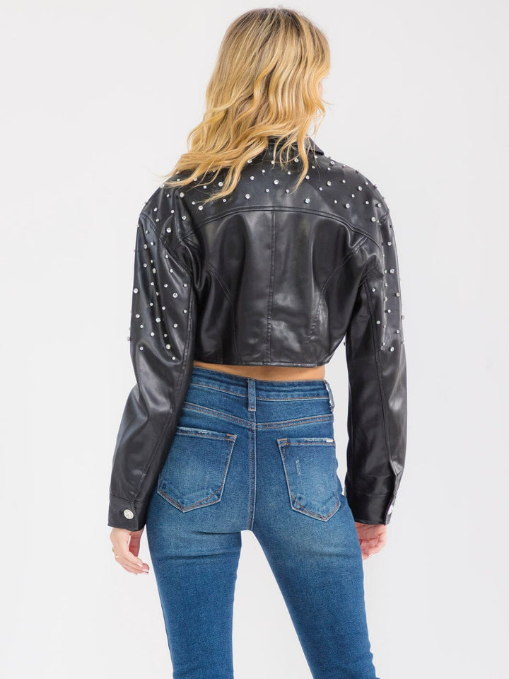 WOMEN'S LONG SLEEVE BUTTON CLOSURE STUDS PU PLEATHER CROP JACKET