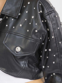 WOMEN'S LONG SLEEVE BUTTON CLOSURE STUDS PU PLEATHER CROP JACKET