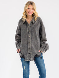 WOMEN'S LONG SLEEVE BUTTON UP DISTRESS TRIM OVERSIZED DENIM WASHED JACKET