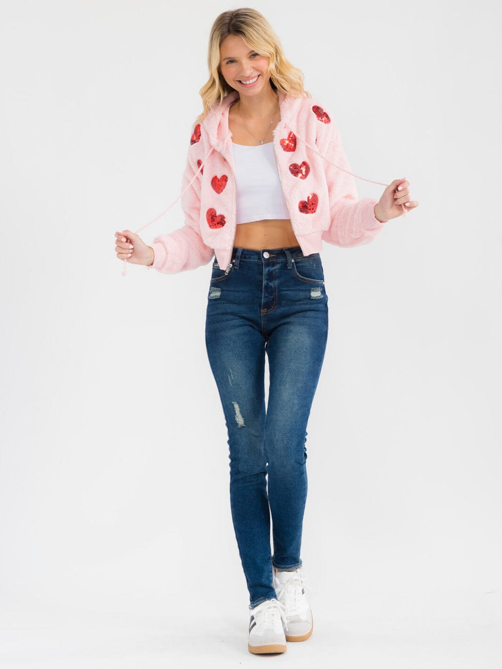 WOMEN'S LONG SLEEVE ZIPPER CLOSURE SEQUINS HEARTS HOODED SWEATER