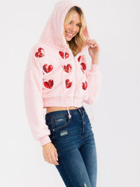 WOMEN'S LONG SLEEVE ZIPPER CLOSURE SEQUINS HEARTS HOODED SWEATER