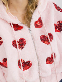 WOMEN'S LONG SLEEVE ZIPPER CLOSURE SEQUINS HEARTS HOODED SWEATER