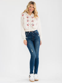 WOMEN'S LONG SLEEVE ZIPPER CLOSURE SEQUINS CHERRIES HOODED SWEATER
