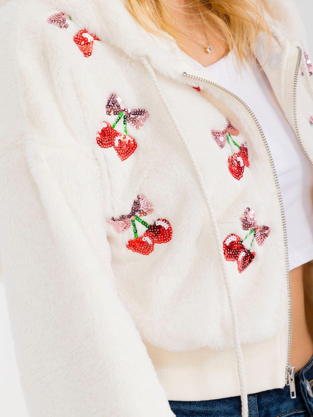 WOMEN'S LONG SLEEVE ZIPPER CLOSURE SEQUINS CHERRIES HOODED SWEATER