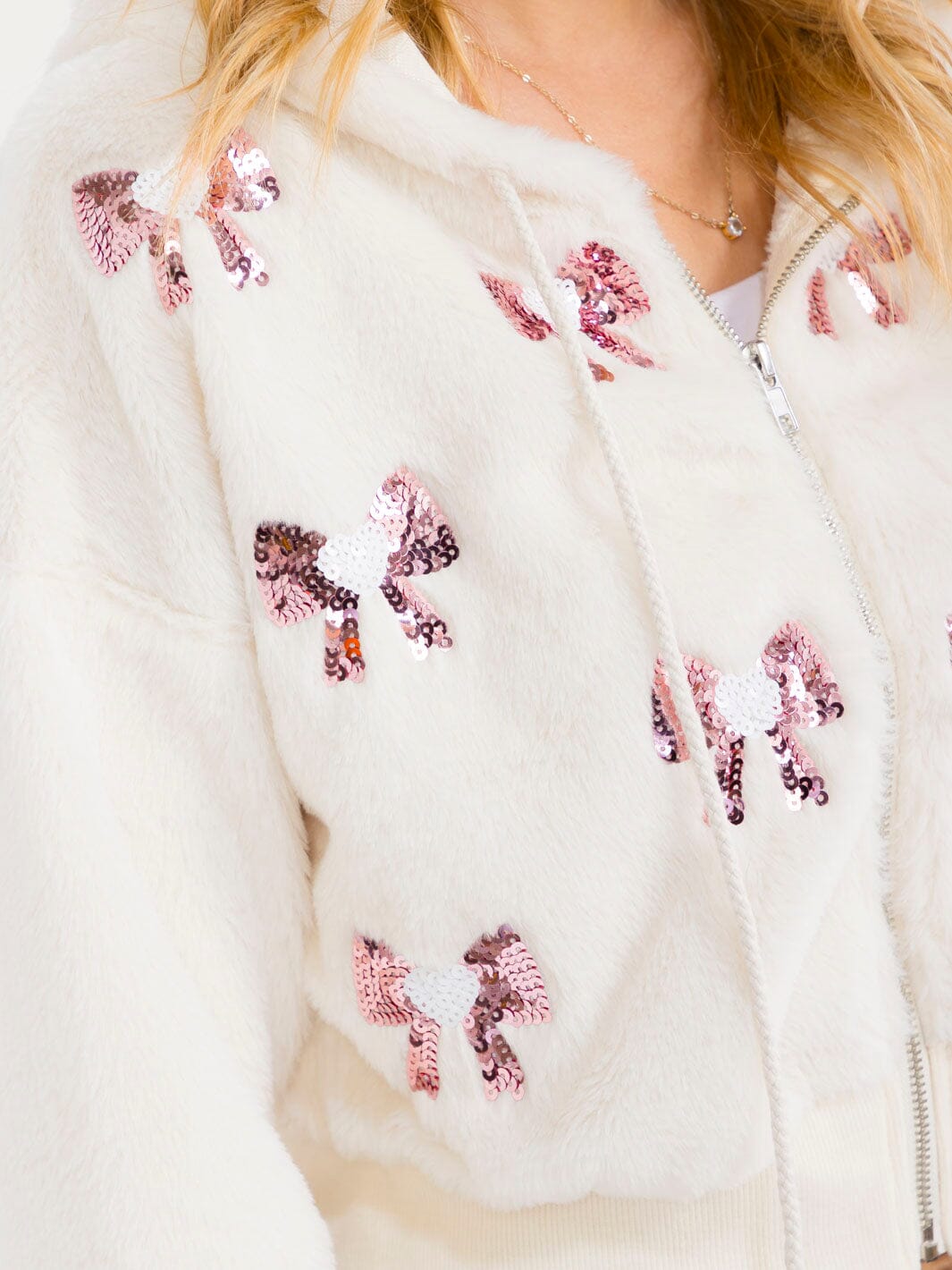 WOMEN'S LONG SLEEVE ZIPPER CLOSURE SEQUINS BOWS HOODED SWEATER