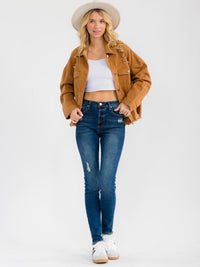 WOMEN'S LONG SLEEVE BUTTON CLOSURE FRONT POCKETS DISTRESS DENIM JACKET