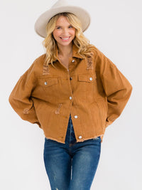 WOMEN'S LONG SLEEVE BUTTON CLOSURE FRONT POCKETS DISTRESS DENIM JACKET