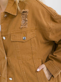 WOMEN'S LONG SLEEVE BUTTON CLOSURE FRONT POCKETS DISTRESS DENIM JACKET