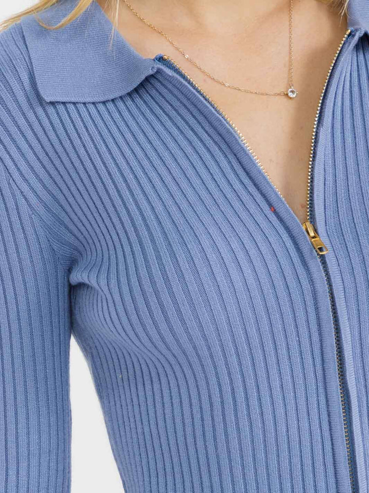 WOMEN'S LONG SLEEVE ZIPPER CLOSURE RIBBED TOP