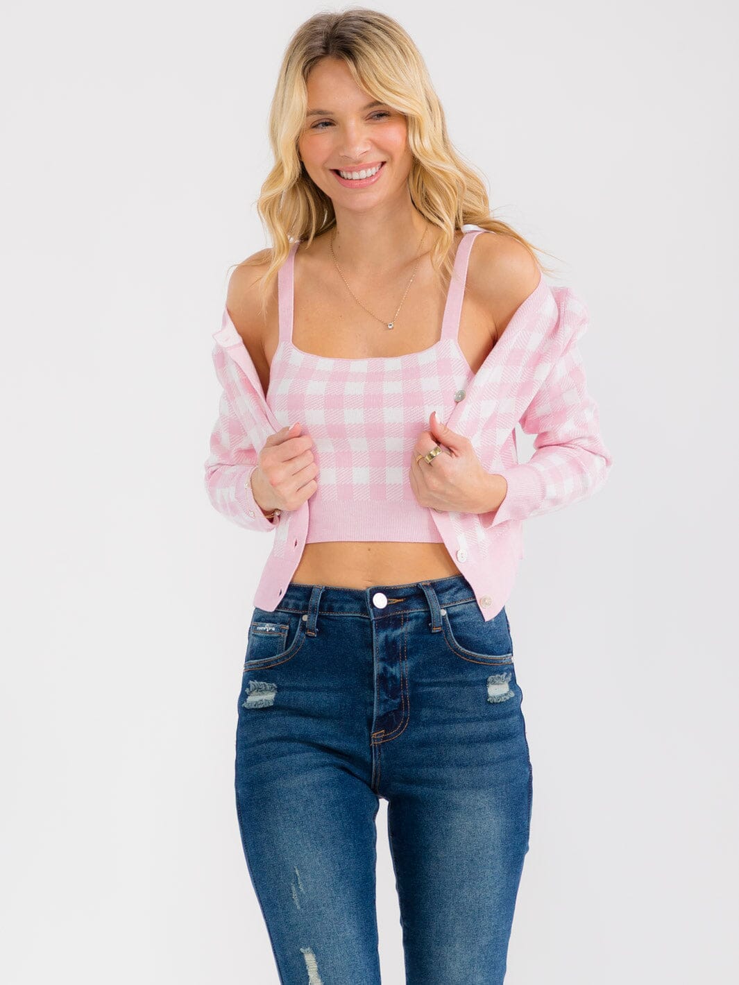 WOMEN'S CROP TANK TOP & LONG SLEEVE BUTTON UP CARDIGAN 2PC TOP