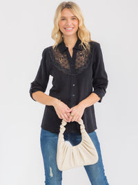 WOMEN'S 3/4 SLEEVE BUTTON UP LACE EMBROIDERY LINEN BLOUSE