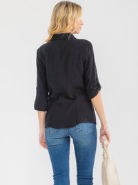 WOMEN'S 3/4 SLEEVE BUTTON UP LACE EMBROIDERY LINEN BLOUSE