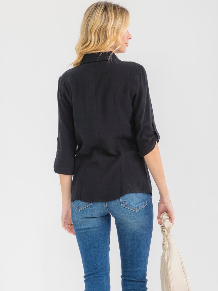 WOMEN'S 3/4 SLEEVE BUTTON UP LACE EMBROIDERY LINEN BLOUSE