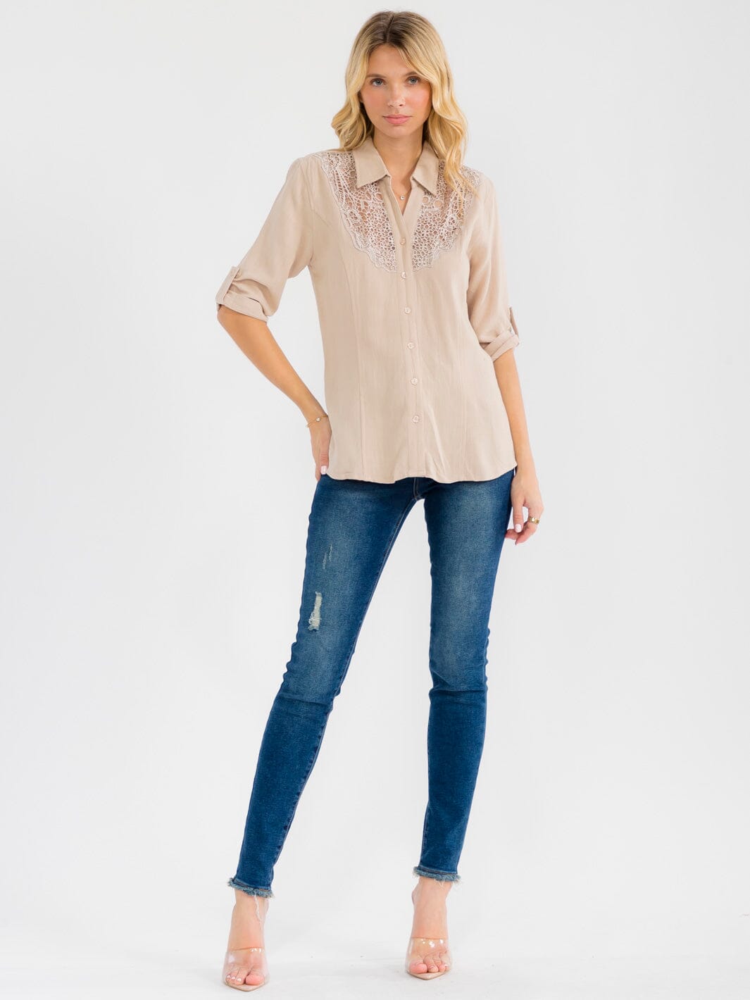WOMEN'S 3/4 SLEEVE BUTTON UP LACE EMBROIDERY LINEN BLOUSE