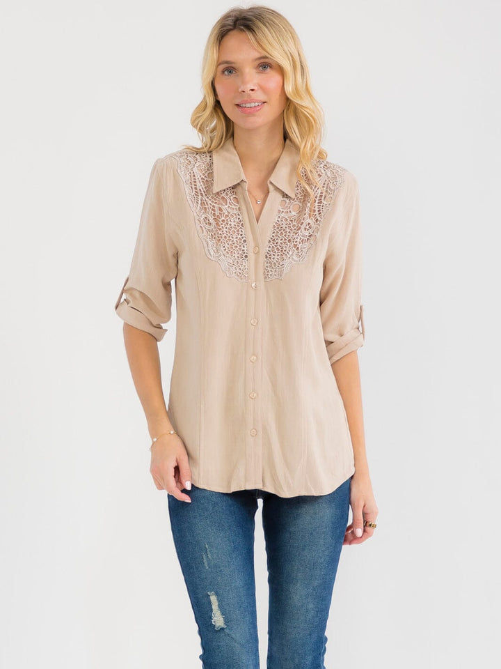 WOMEN'S 3/4 SLEEVE BUTTON UP LACE EMBROIDERY LINEN BLOUSE