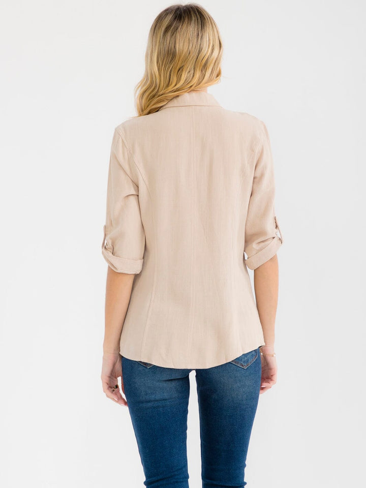 WOMEN'S 3/4 SLEEVE BUTTON UP LACE EMBROIDERY LINEN BLOUSE