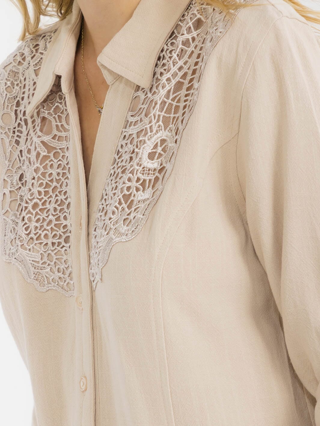 WOMEN'S 3/4 SLEEVE BUTTON UP LACE EMBROIDERY LINEN BLOUSE