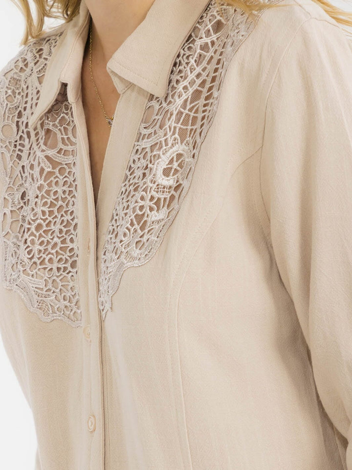WOMEN'S 3/4 SLEEVE BUTTON UP LACE EMBROIDERY LINEN BLOUSE