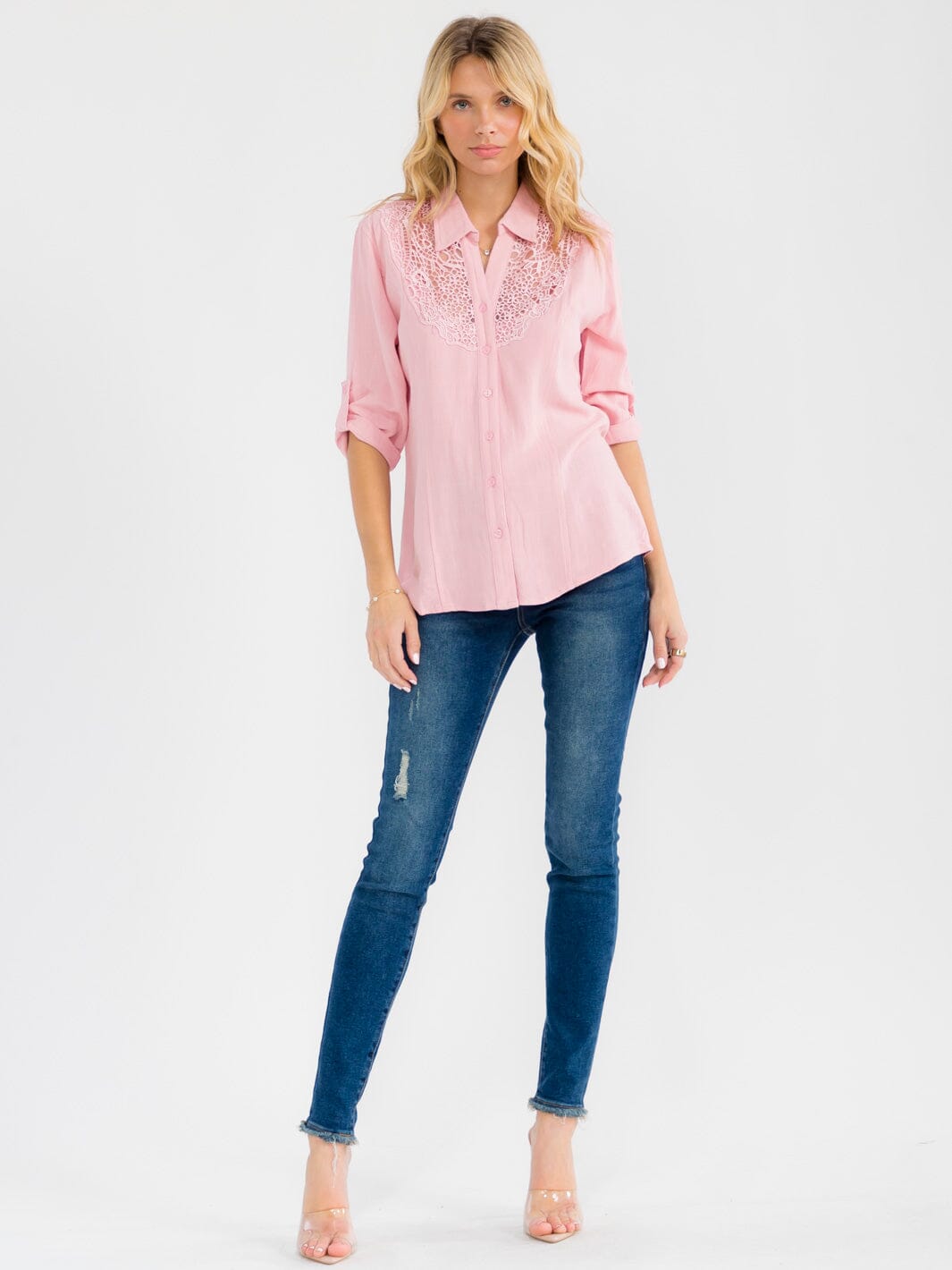 WOMEN'S 3/4 SLEEVE BUTTON UP LACE EMBROIDERY LINEN BLOUSE