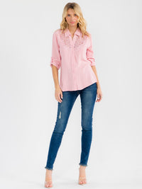 WOMEN'S 3/4 SLEEVE BUTTON UP LACE EMBROIDERY LINEN BLOUSE