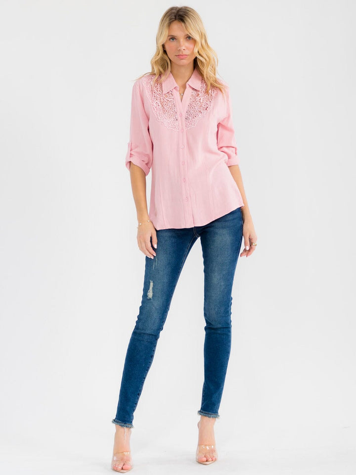 WOMEN'S 3/4 SLEEVE BUTTON UP LACE EMBROIDERY LINEN BLOUSE