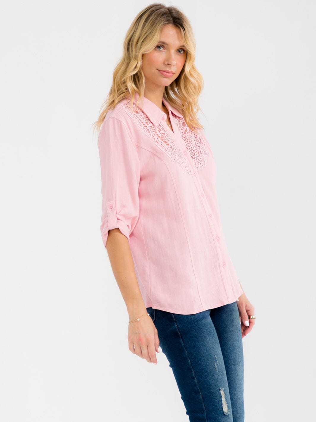 WOMEN'S 3/4 SLEEVE BUTTON UP LACE EMBROIDERY LINEN BLOUSE