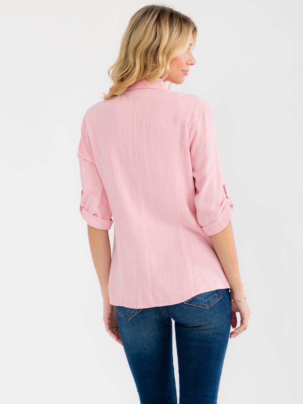 WOMEN'S 3/4 SLEEVE BUTTON UP LACE EMBROIDERY LINEN BLOUSE