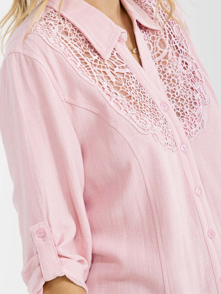 WOMEN'S 3/4 SLEEVE BUTTON UP LACE EMBROIDERY LINEN BLOUSE