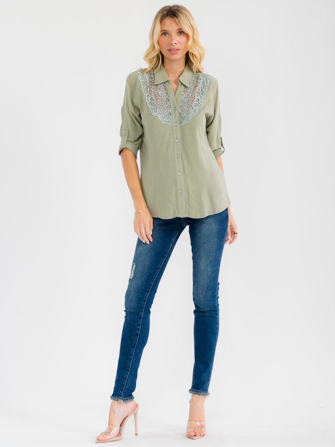 WOMEN'S 3/4 SLEEVE BUTTON UP LACE EMBROIDERY LINEN BLOUSE