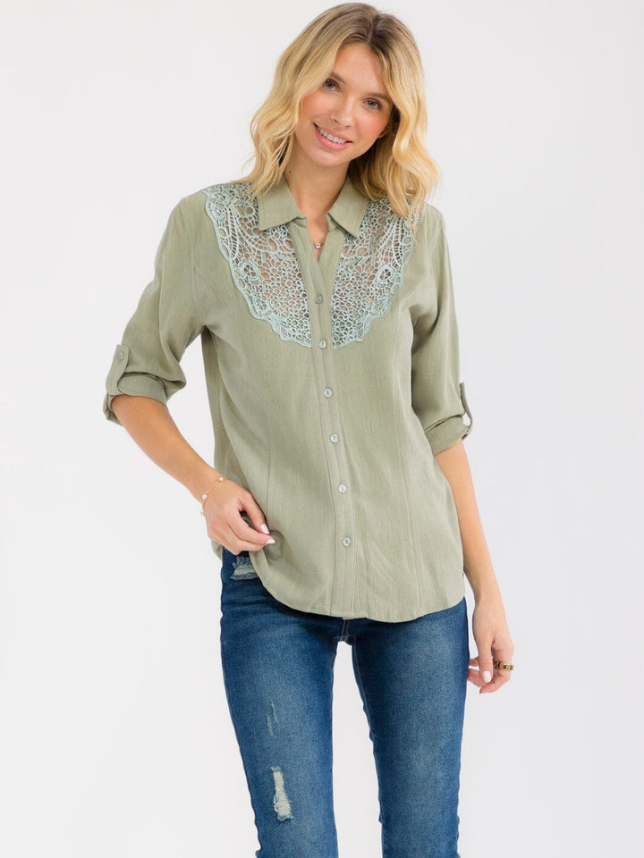 WOMEN'S 3/4 SLEEVE BUTTON UP LACE EMBROIDERY LINEN BLOUSE