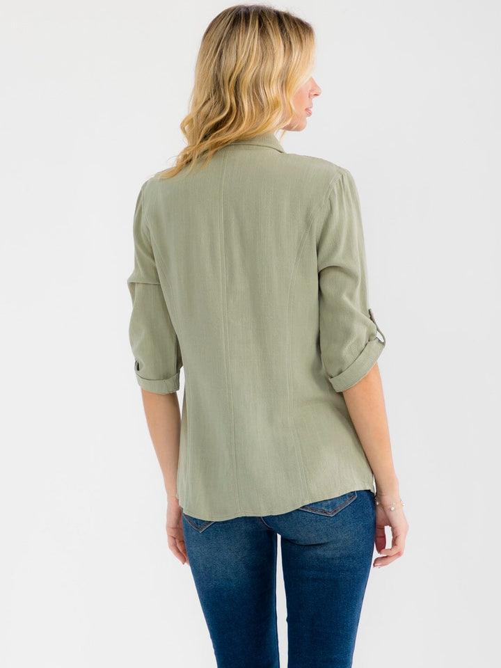 WOMEN'S 3/4 SLEEVE BUTTON UP LACE EMBROIDERY LINEN BLOUSE