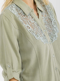 WOMEN'S 3/4 SLEEVE BUTTON UP LACE EMBROIDERY LINEN BLOUSE