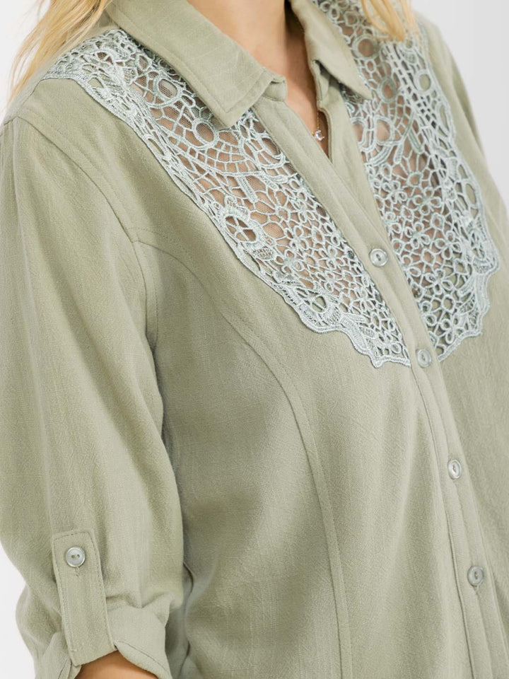 WOMEN'S 3/4 SLEEVE BUTTON UP LACE EMBROIDERY LINEN BLOUSE