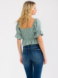 WOMEN'S SHORT SLEEVE LACE UP FRONT ELASTIC WAIST CROP TOP